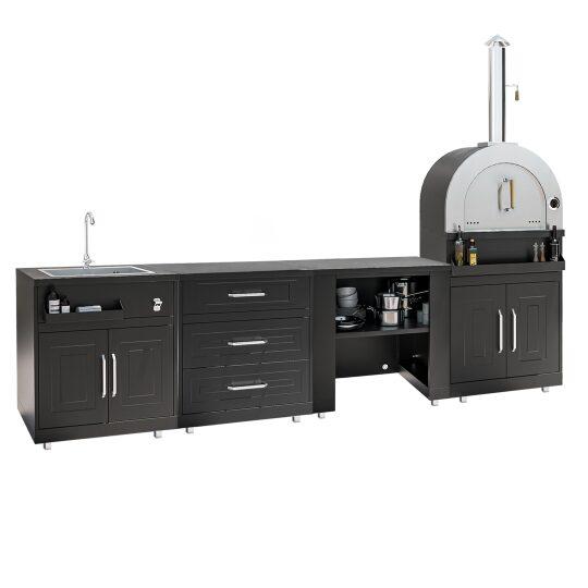 Cucina da esterno in metallo con lavatoio da esterno, forno a legna e spazio - 4 moduli | Oviala