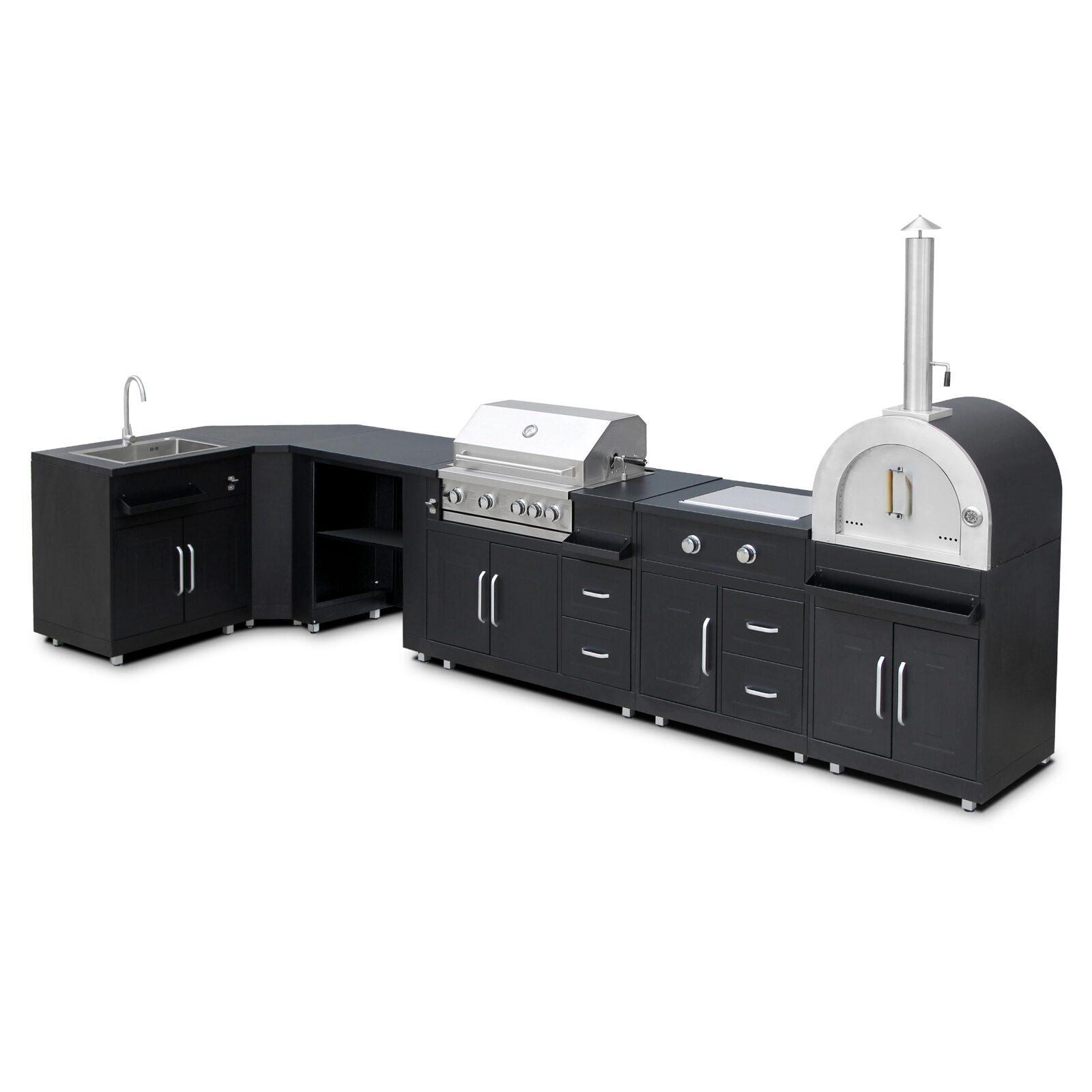 Cucina da esterno angolare in acciaio a 6 elementi, di cui 3 unità di cottura e lavello