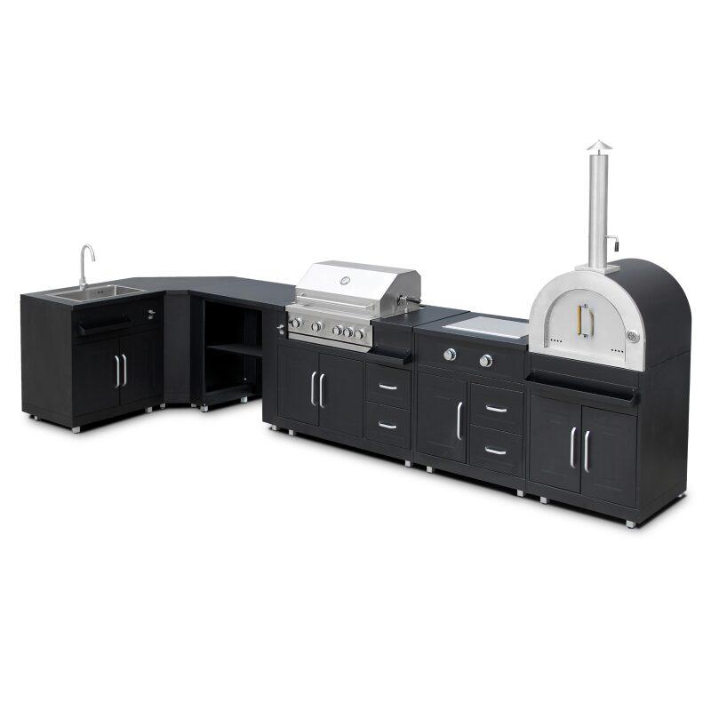 Cucina da esterno angolare in acciaio a 6 elementi, di cui 3 unità di cottura e lavello