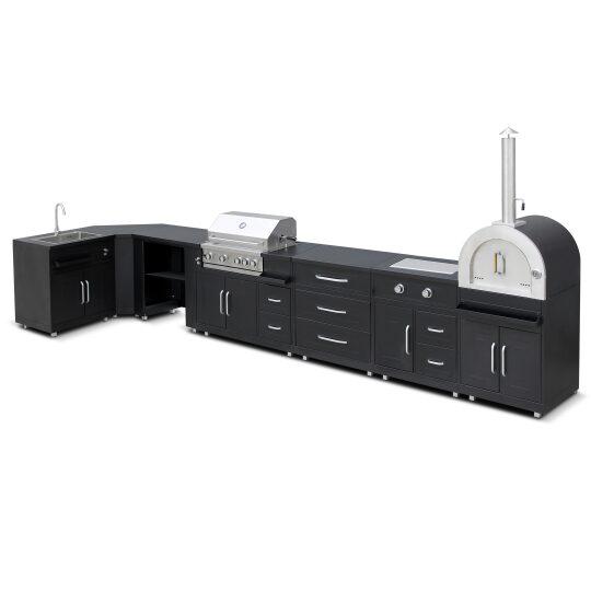 Cucina da esterno in metallo ad angolo con lavatoio da esterno, forno a legna, fornello a gas, barbecue e spazio - 7 moduli | Ov