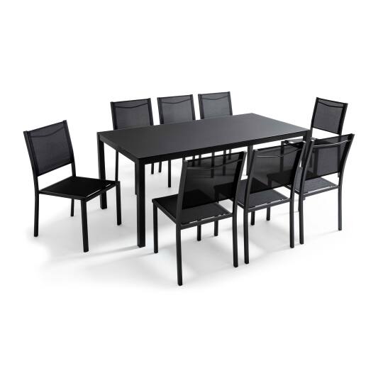 Tavolo da giardino rettangolare 182 x 90 cm e 8 sedie in alluminio con piano in vetro di sicurezza