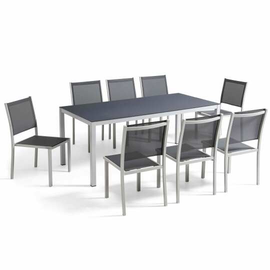 Tavolo da giardino rettangolare 182 x 90 cm e 8 sedie in alluminio con piano in vetro di sicurezza
