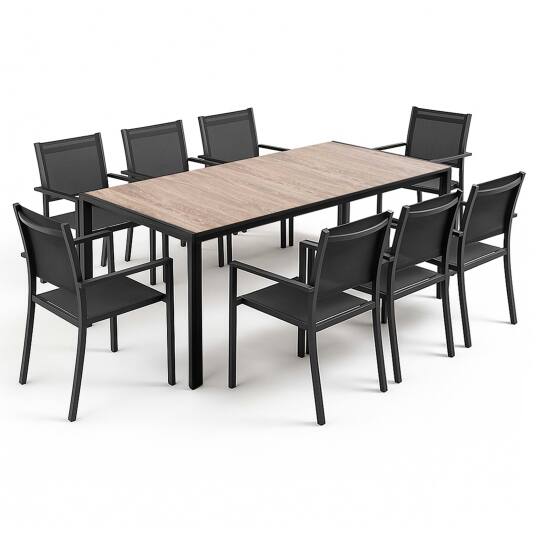 Tavolo da giardino in alluminio effetto legno 206X100X74 cm e 8 sedie con braccioli