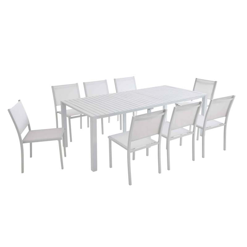 Tavolo da giardino allungabile in alluminio 52/260x100 cm e 8 sedie in textilene