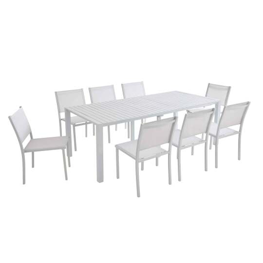 Tavolo da giardino allungabile in alluminio 52/260x100 cm e 8 sedie in textilene