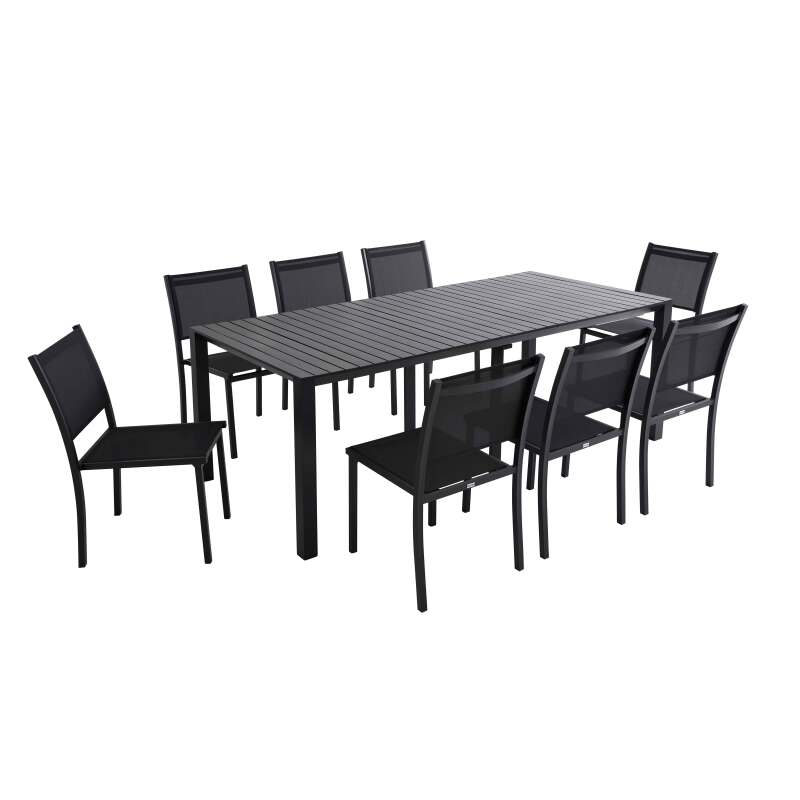 Tavolo da giardino allungabile in alluminio 52/260x100 cm e 8 sedie in textilene