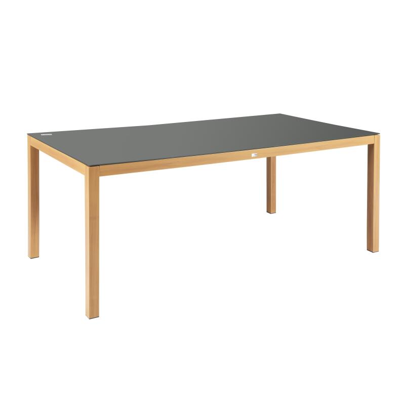 Tavolo da giardino rettangolare in alluminio effetto legno con piano in vetro temperato (180 x 90 x 74 cm)