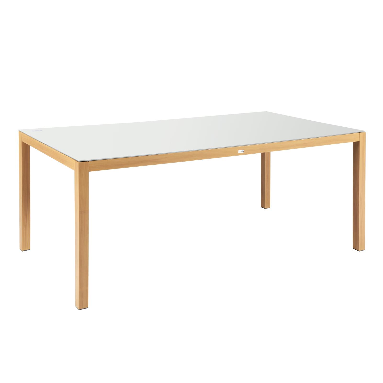 Tavolo da giardino rettangolare in alluminio effetto legno con piano in vetro temperato (180 x 90 x 74 cm)