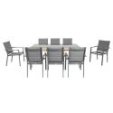 Tavolo da giardino in alluminio effetto legno e vetro temperato 180x90 cm e 8 sedie con braccioli in textilene