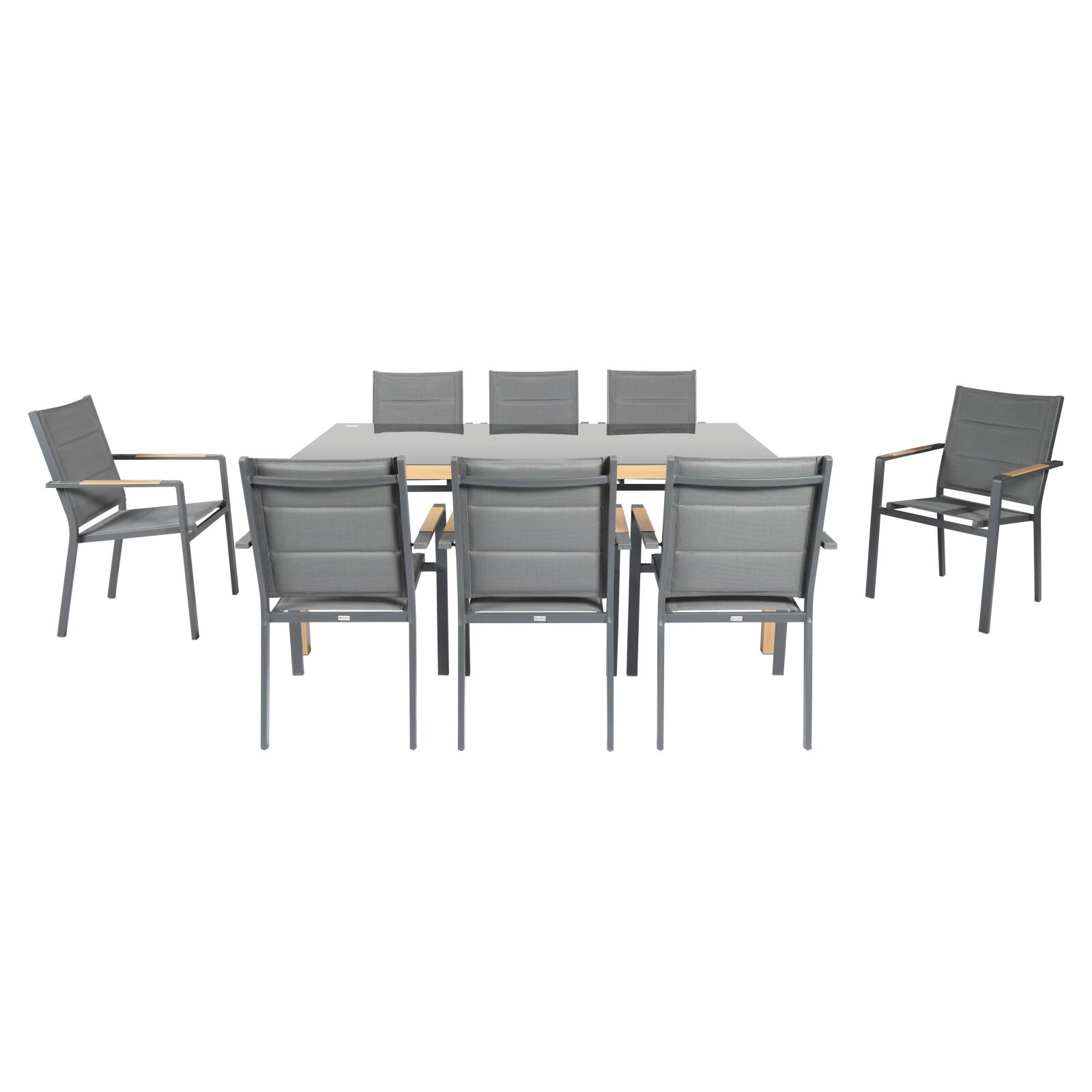 Tavolo da giardino in alluminio effetto legno e vetro temperato 180x90 cm e 8 sedie con braccioli in textilene