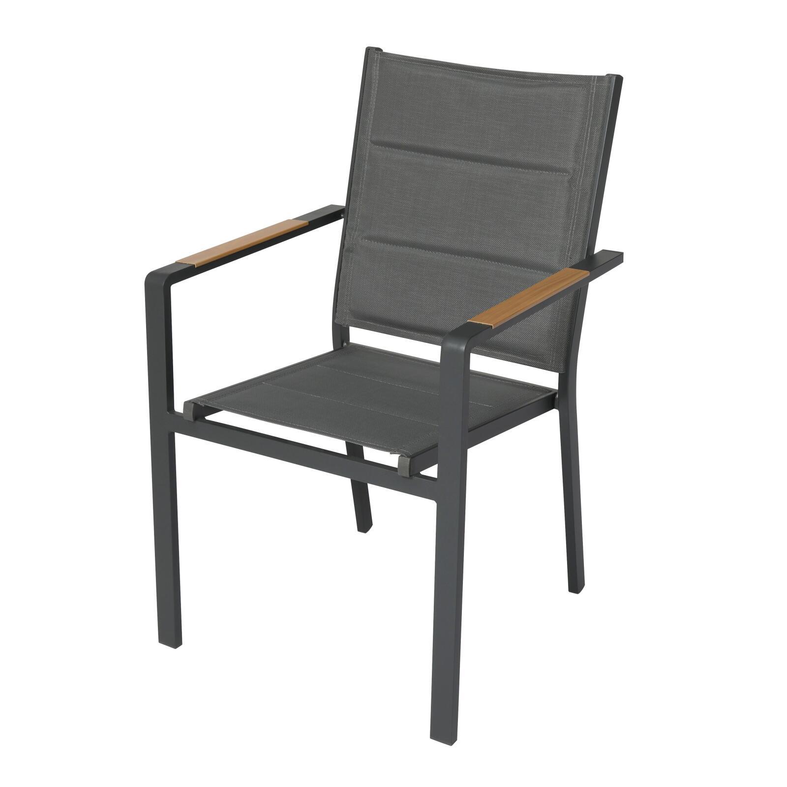 Tavolo da giardino in alluminio effetto legno e vetro temperato 180x90 cm e 8 sedie con braccioli in textilene