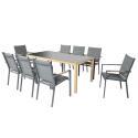 Tavolo da giardino in alluminio effetto legno e vetro temperato 180x90 cm e 8 sedie con braccioli in textilene