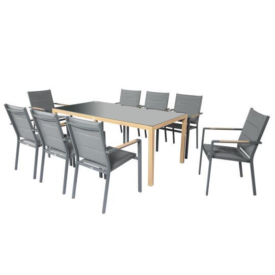 Tavolo da giardino in alluminio effetto legno e vetro temperato 180x90 cm e 8 sedie con braccioli in textilene