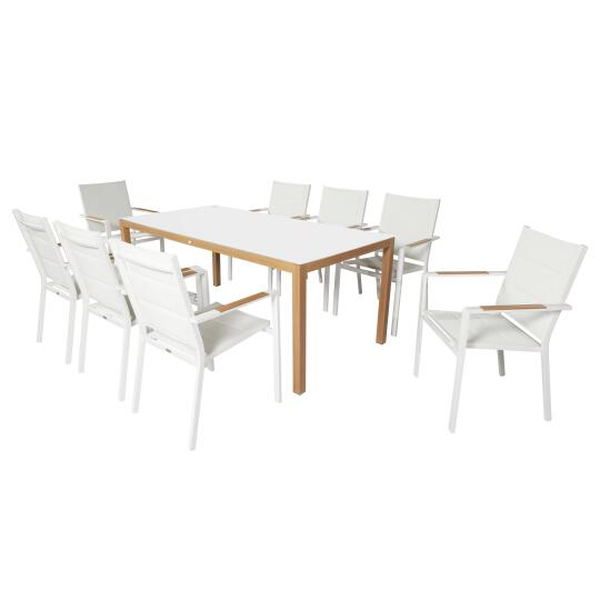 Tavolo da giardino in alluminio effetto legno e vetro temperato 180x90 cm e 8 sedie con braccioli in textilene