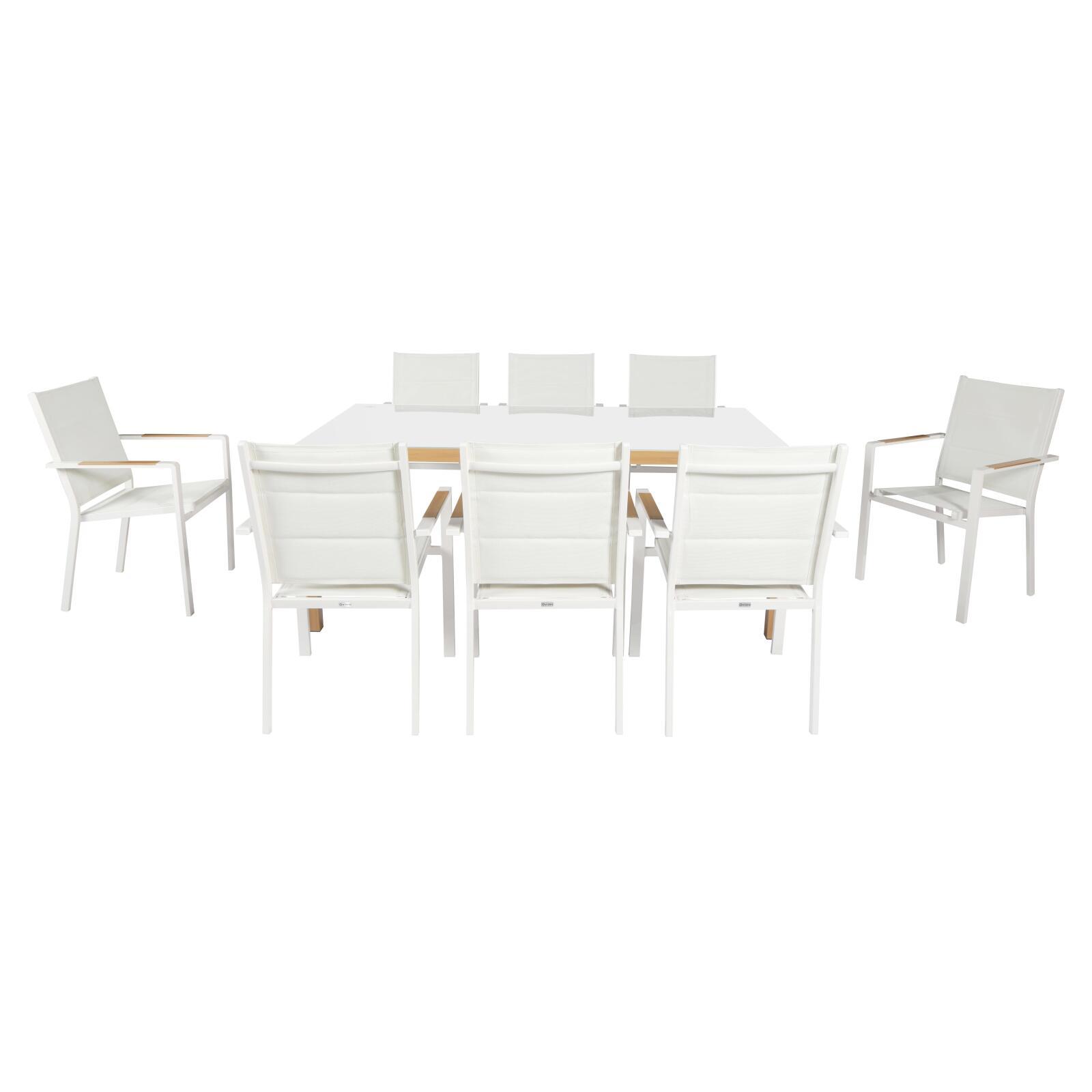 Tavolo da giardino in alluminio effetto legno e vetro temperato 180x90 cm e 8 sedie con braccioli in textilene