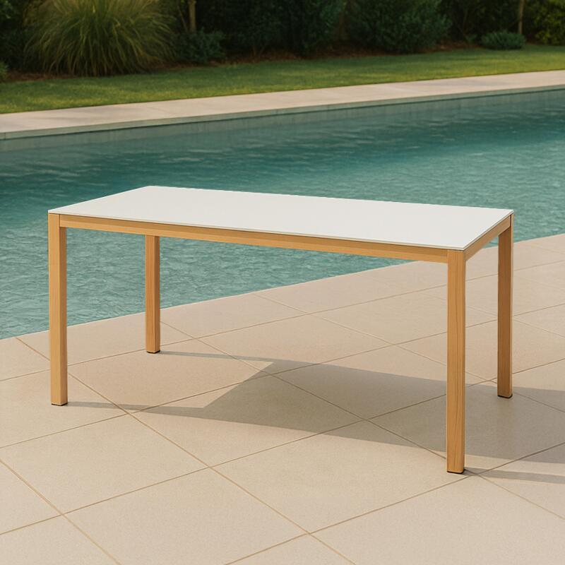 Tavolo da giardino rettangolare in alluminio effetto legno con piano in vetro temperato (180 x 90 x 74 cm)