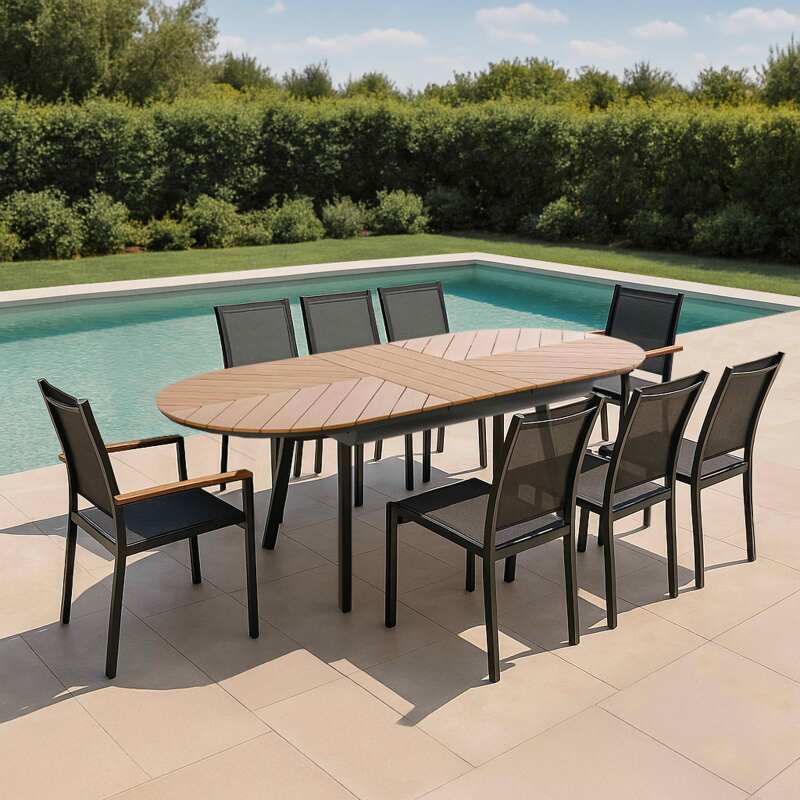 Tavolo da giardino rettangolare allungabile in polywood 180/220 cm con 6 sedie e 2 sedie con braccioli