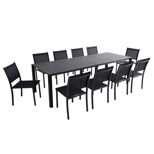 Tavolo da giardino allungabile in alluminio 52/260x100 cm e 10 sedie in textilene