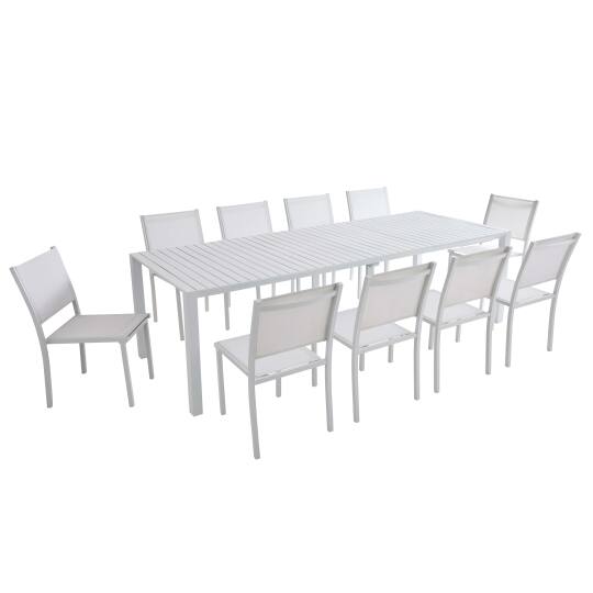 Tavolo da giardino allungabile in alluminio 52/260x100 cm e 10 sedie in textilene