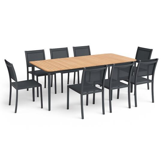Tavolo da giardino rettangolare in alluminio/teak 200 x 100 cm e 8 sedie