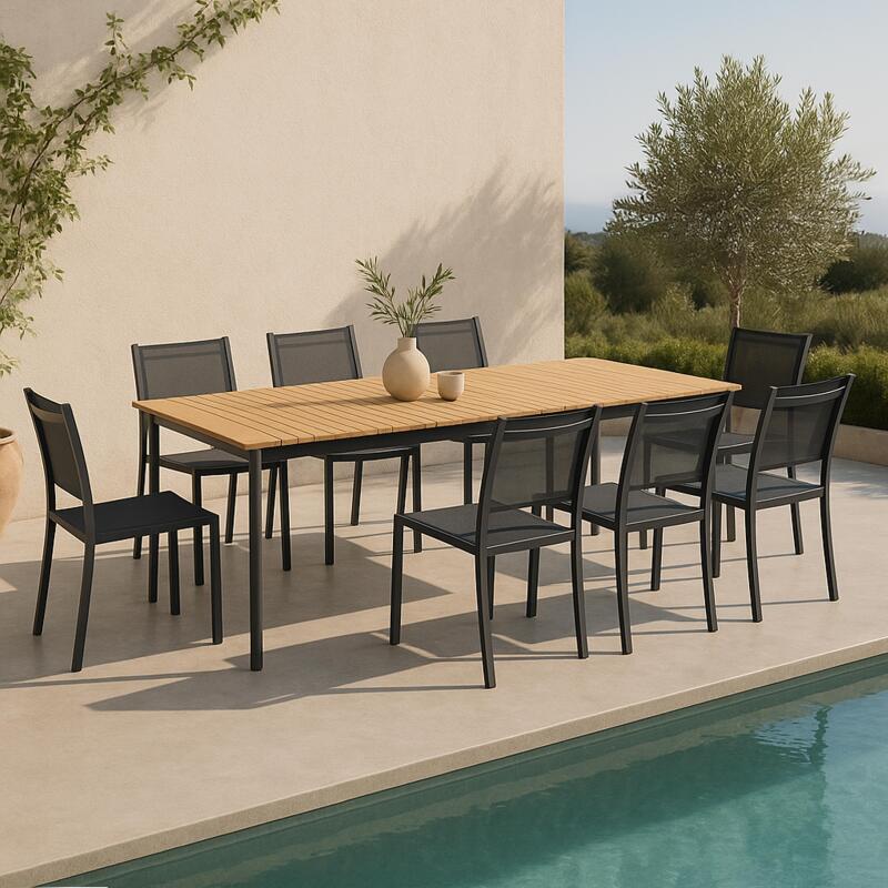 Tavolo da giardino rettangolare in alluminio/teak 200 x 100 cm e 8 sedie