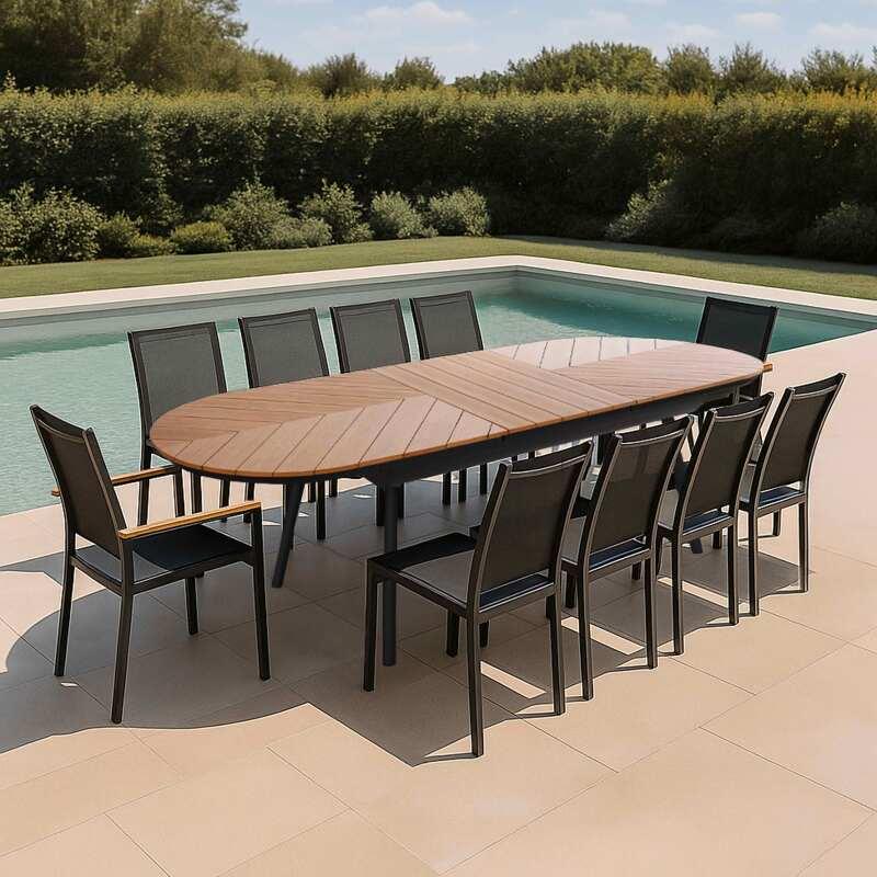 Tavolo da giardino allungabile in polywood e alluminio 220/280x100 cm e 10 sedie in textilene
