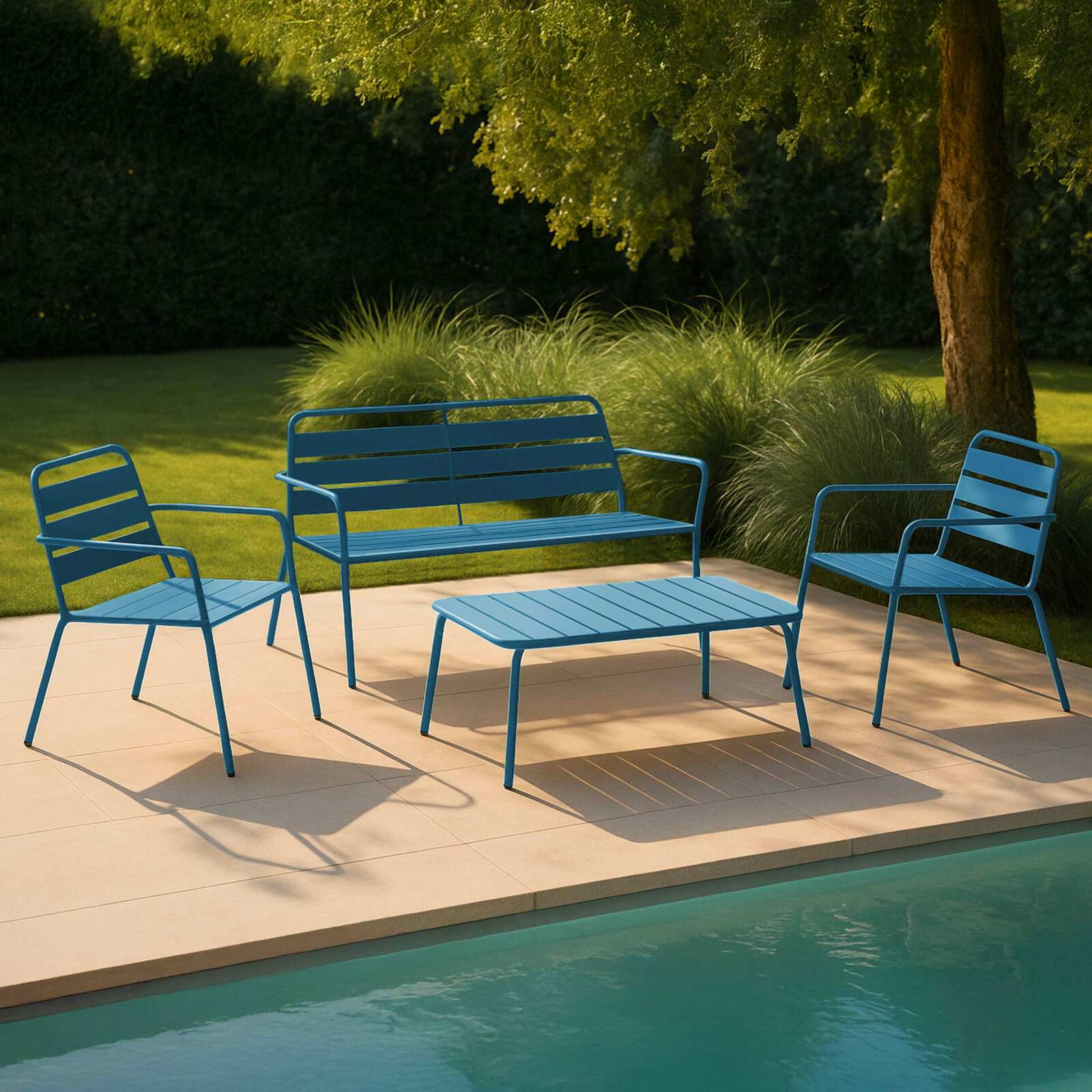 Salotto da giardino in metallo 4 posti, 1 Tavolina da salotto, 2 poltrone, 1 divano