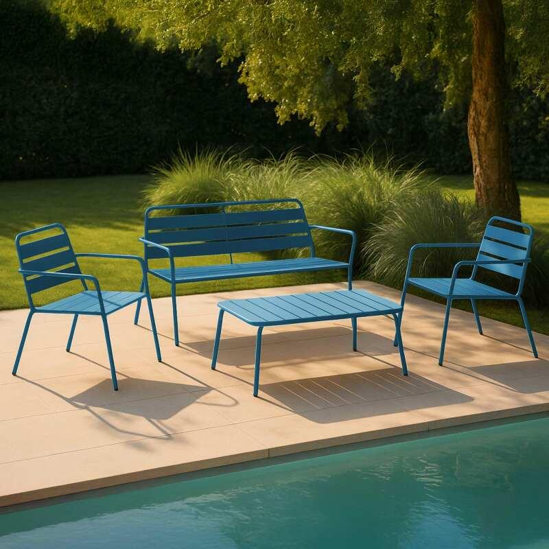 Salotto da giardino in metallo 4 posti, 1 Tavolina da salotto, 2 poltrone, 1 divano