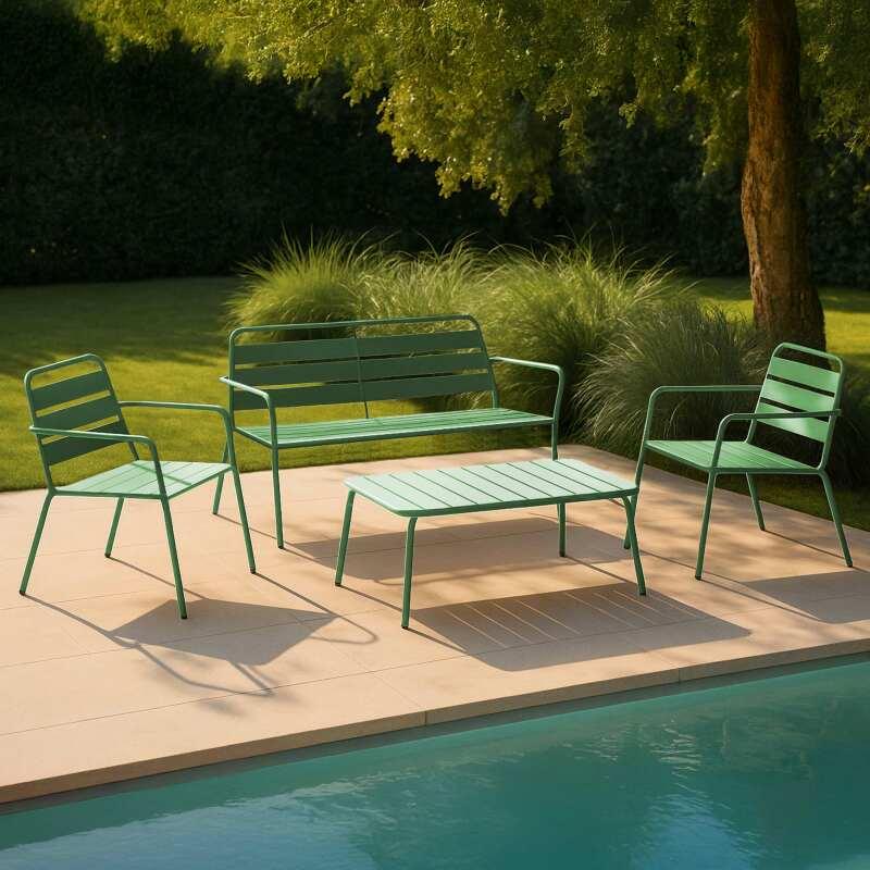 Salotto da giardino in metallo 4 posti, 1 Tavolina da salotto, 2 poltrone, 1 divano