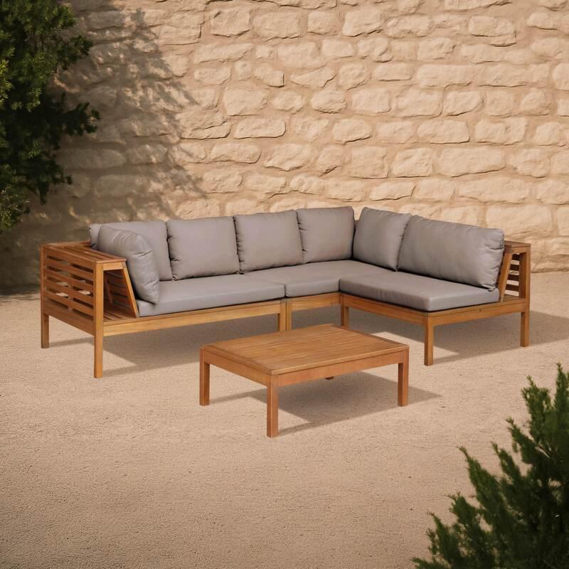 Salotto da giardino basso ad angolo per 4 persone con tavolo in legno di eucalipto FSC®