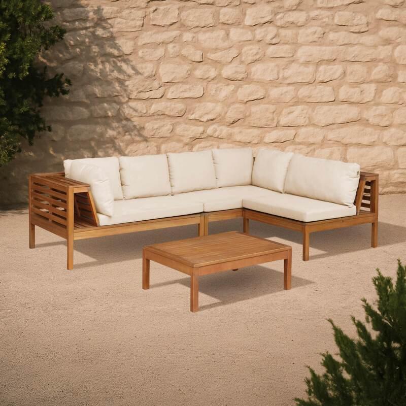 Salotto da giardino basso ad angolo per 4 persone con tavolo in legno di eucalipto FSC®