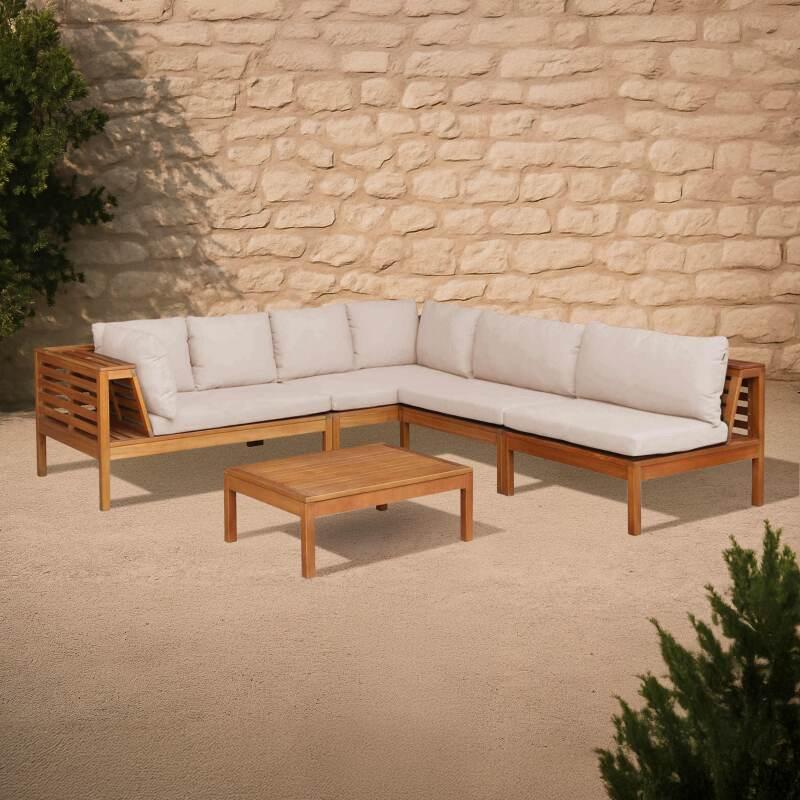 Salotto da giardino basso ad angolo a 5 posti con tavolo in legno di eucalipto FSC®