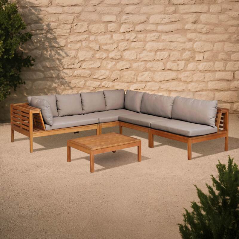 Salotto da giardino basso ad angolo a 5 posti con tavolo in legno di eucalipto FSC®