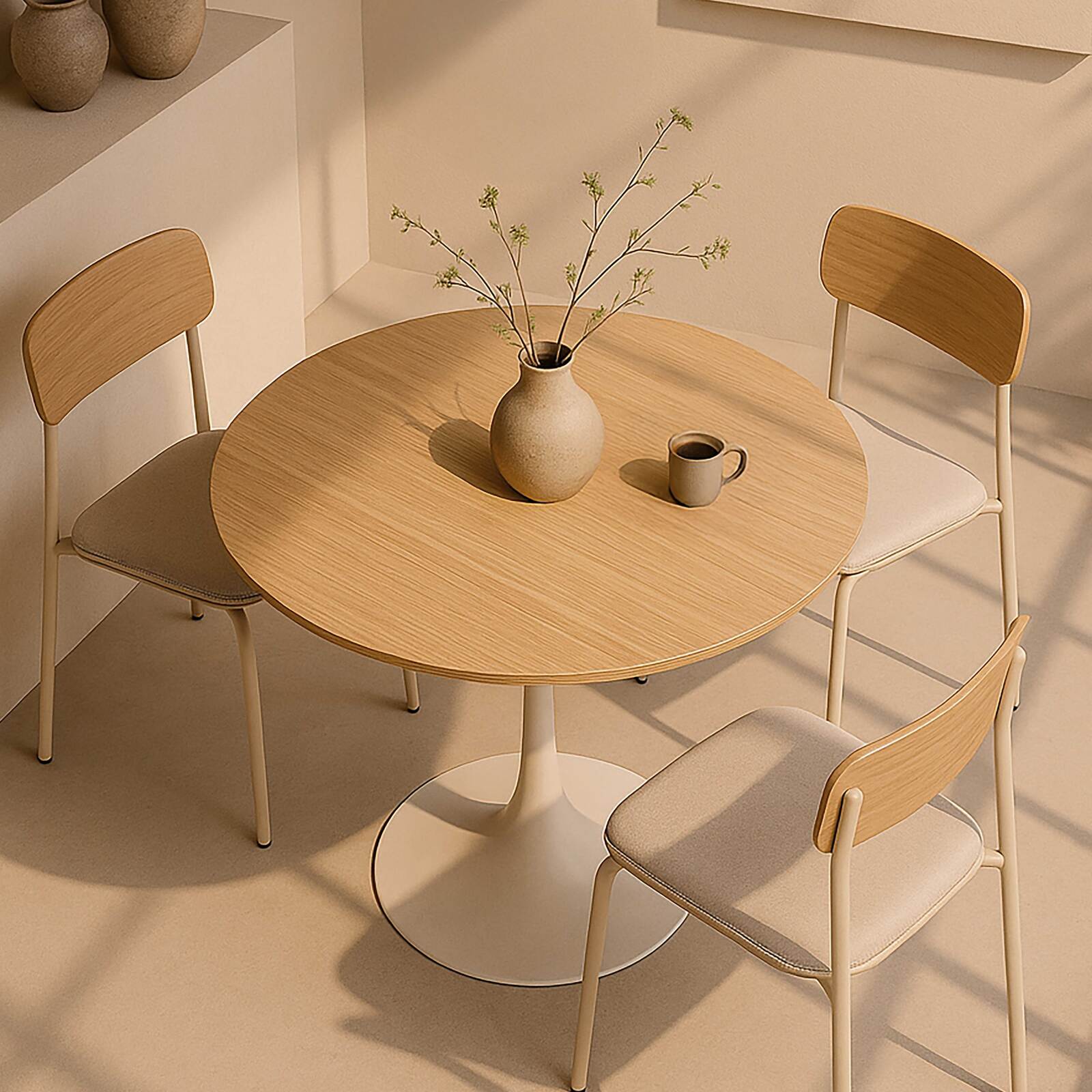 Tavolo da pranzo rotondo in melamina e metallo per 4 persone Tavolo da pranzo rotondo in melamina e metallo per 4 persone