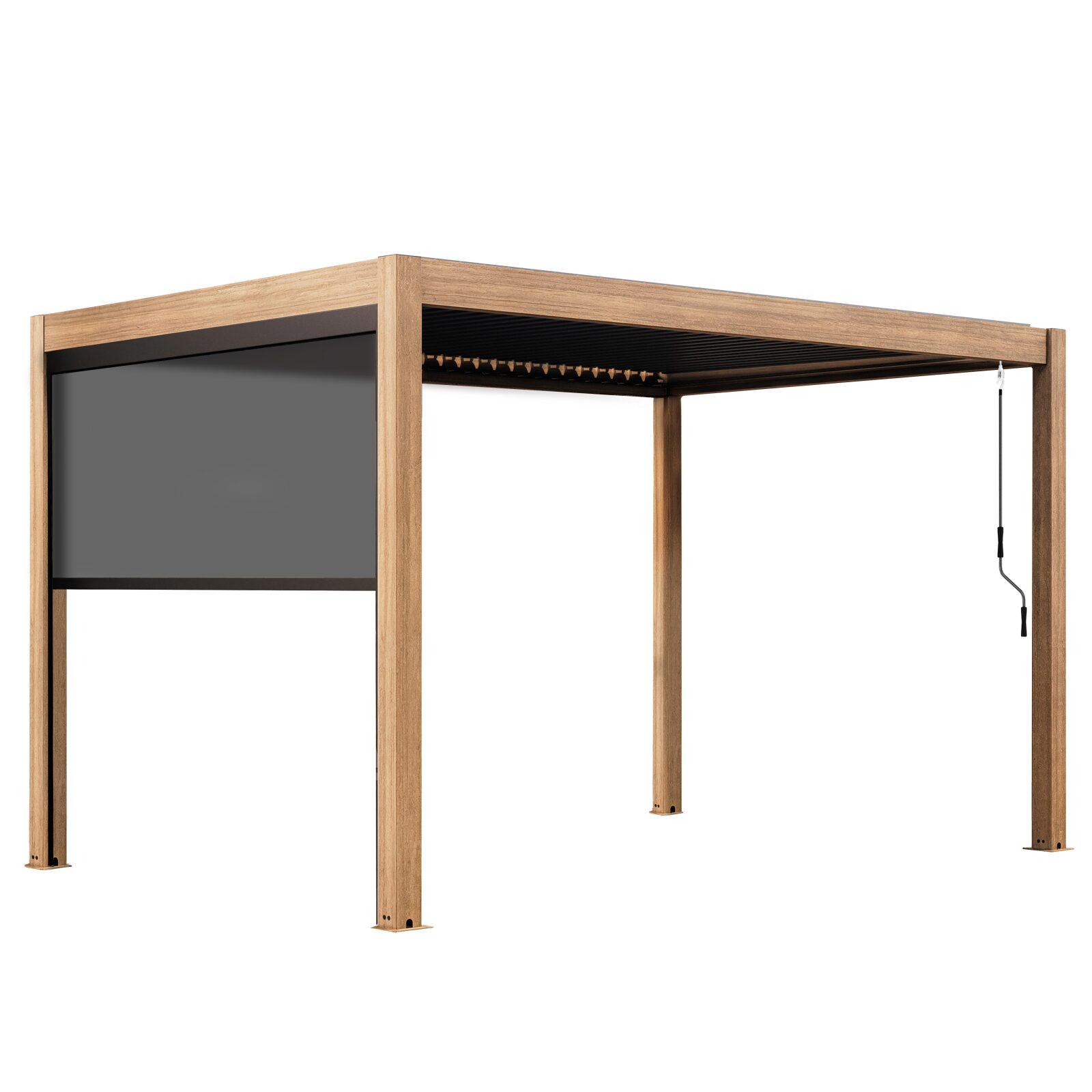 Pergola bioclimatica 4x3 m autoportante manuale in alluminio effetto legno e doghe grigie con tenda