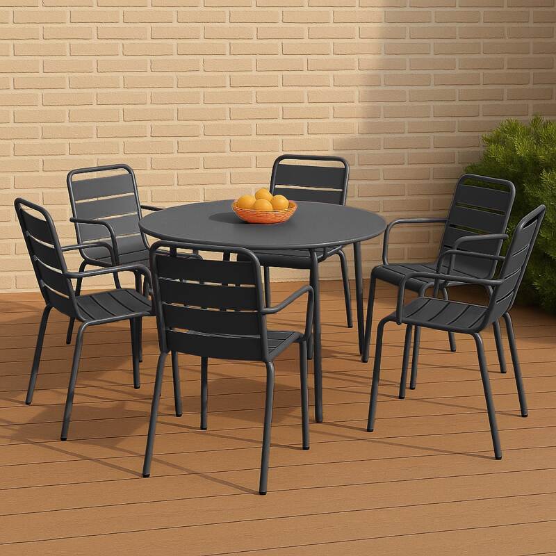 Tavolo da giardino rotondo in metallo Ø120 cm e 6 sedie con braccioli