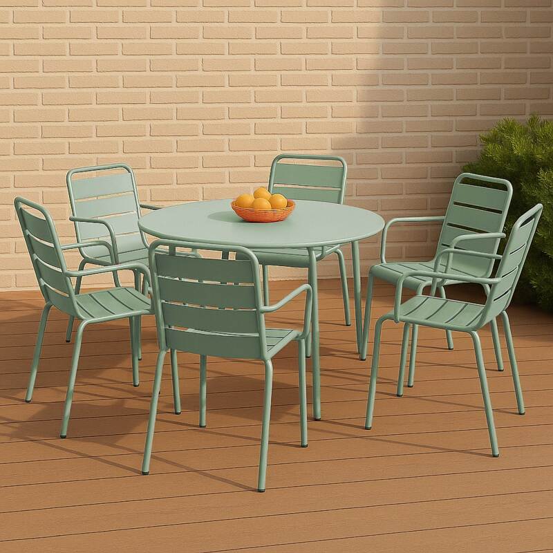 Tavolo da giardino rotondo in metallo Ø120 cm e 6 sedie con braccioli