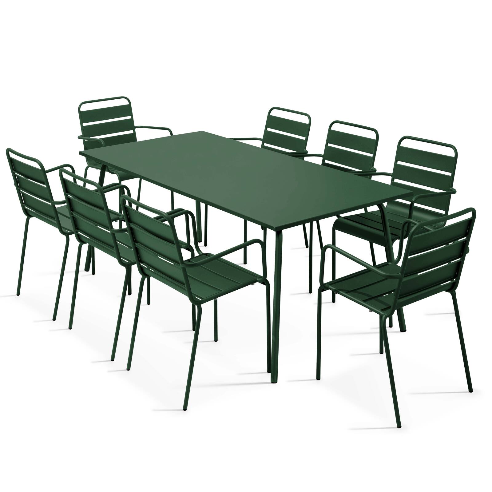 Tavolo da giardino in metallo 180x90 cm e 8 sedie con braccioli