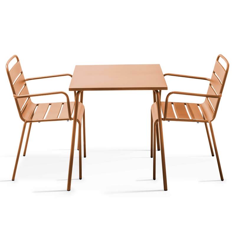 Tavolo da giardino bistrot quadrato in metallo 70x70 cm e 2 sedie con braccioli