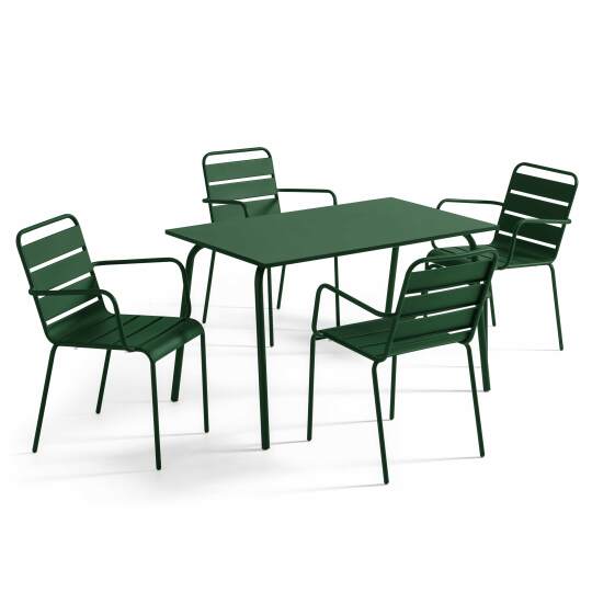 Tavolo da giardino in metallo 120x70 cm e 4 sedie con braccioli | Oviala