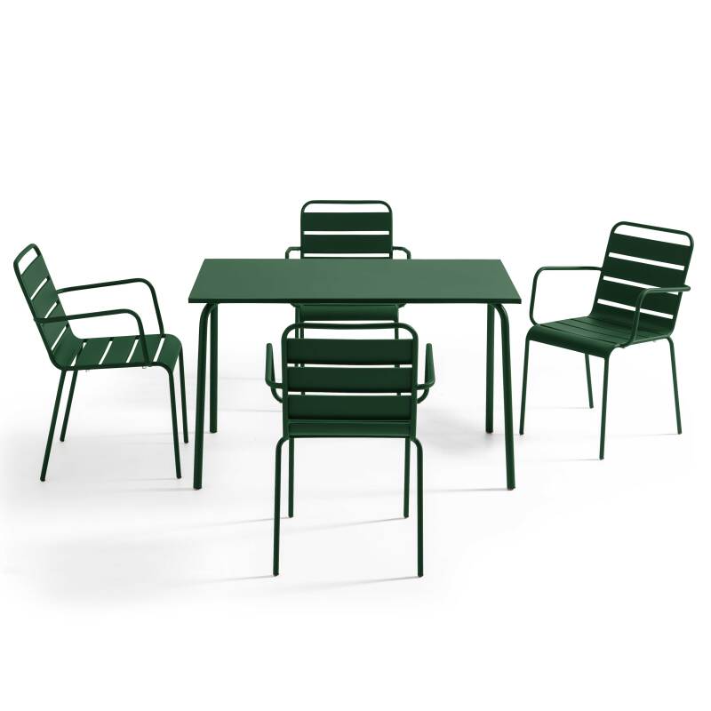 Tavolo da giardino in metallo 120x70 cm e 4 sedie con braccioli