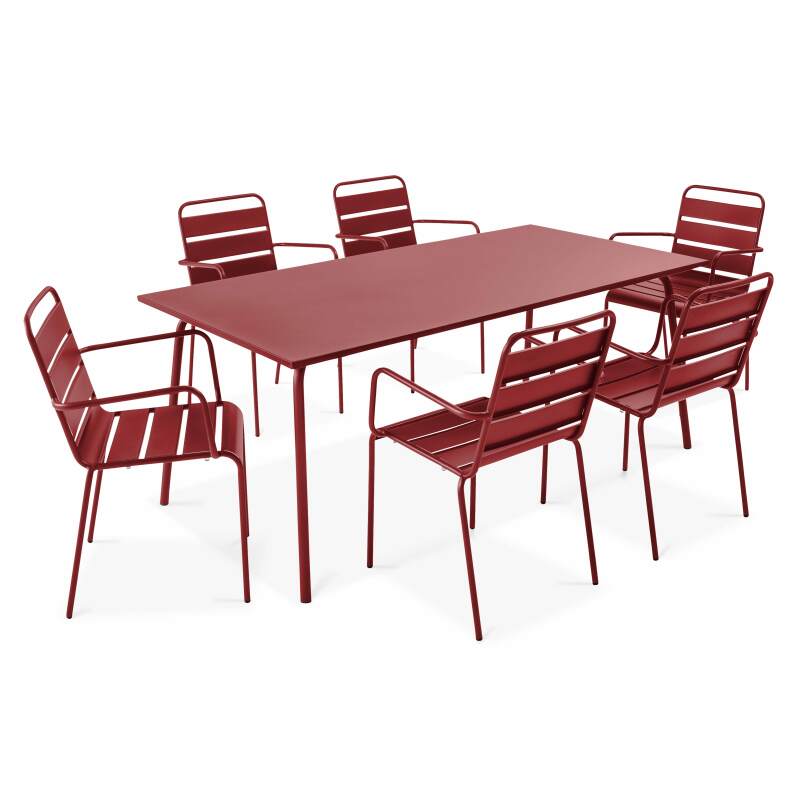 Tavolo da giardino in metallo 180x90 cm e 6 sedie con braccioli