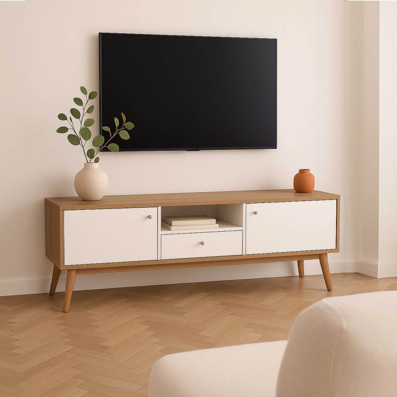 Mobile TV effetto legno chiaro e bianco da 150 cm scandinavo