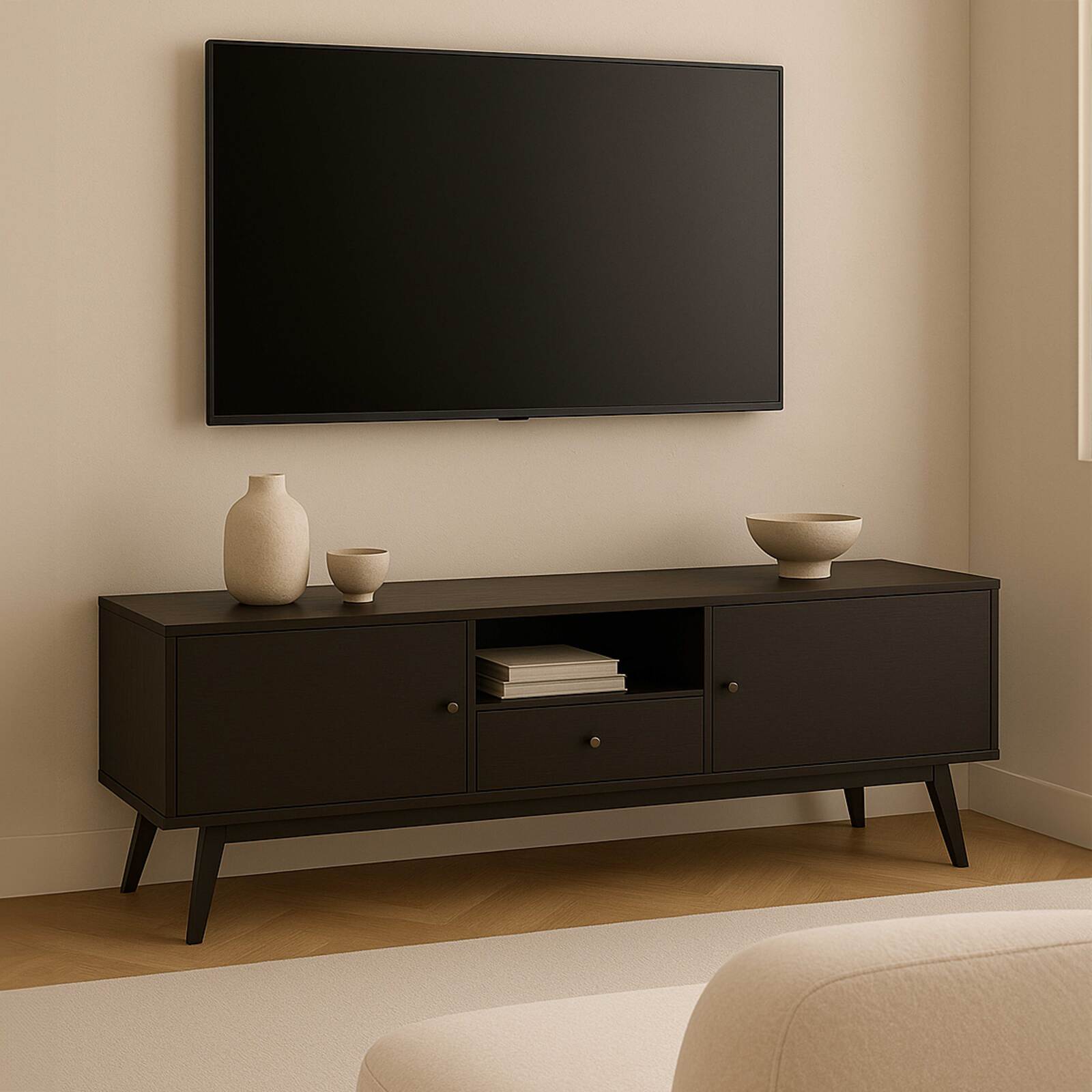 Mobile TV effetto legno chiaro e bianco da 150 cm scandinavo  