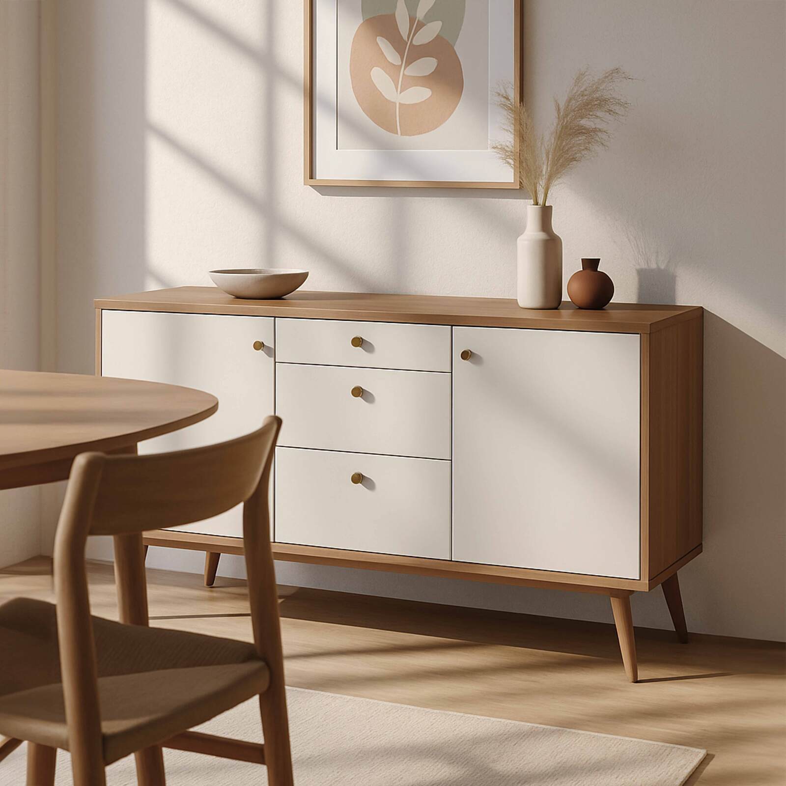 Buffet scandinavo effetto legno chiaro 2 ante 3 cassetti 150 cm