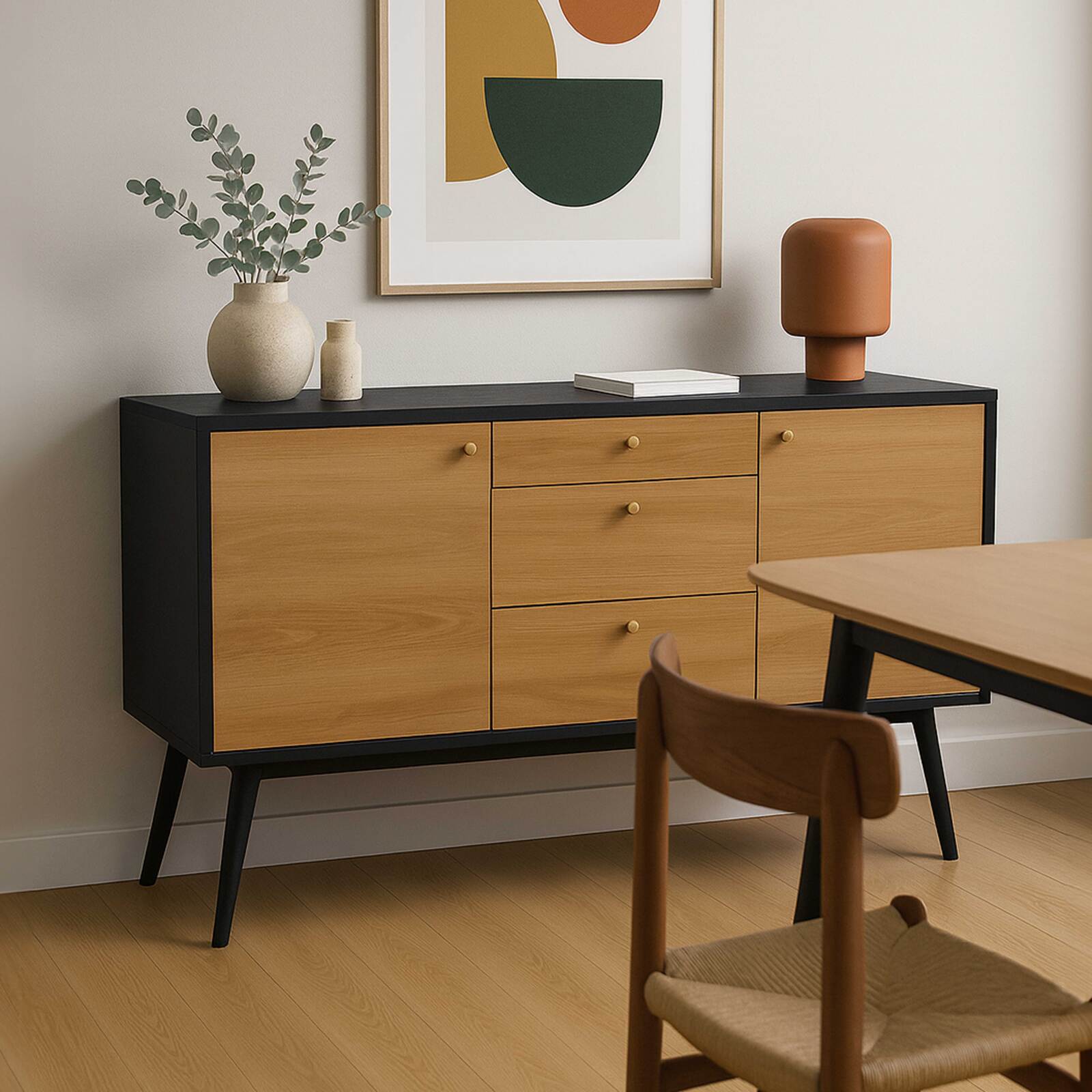Buffet scandinavo effetto legno chiaro 2 ante 3 cassetti 150 cm