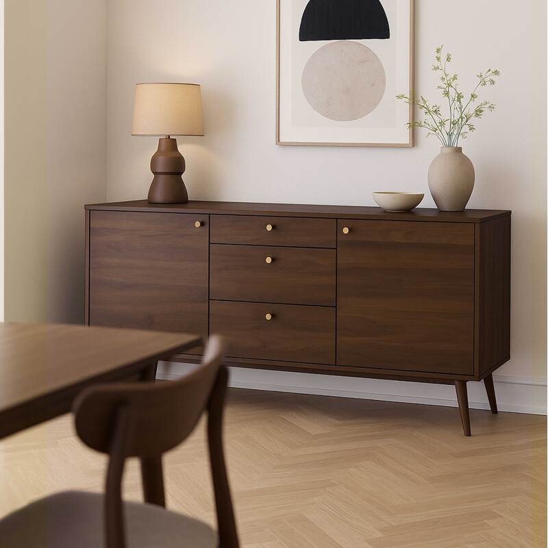 Buffet design effetto legno chiaro 2 ante 3 cassetti 150 cm