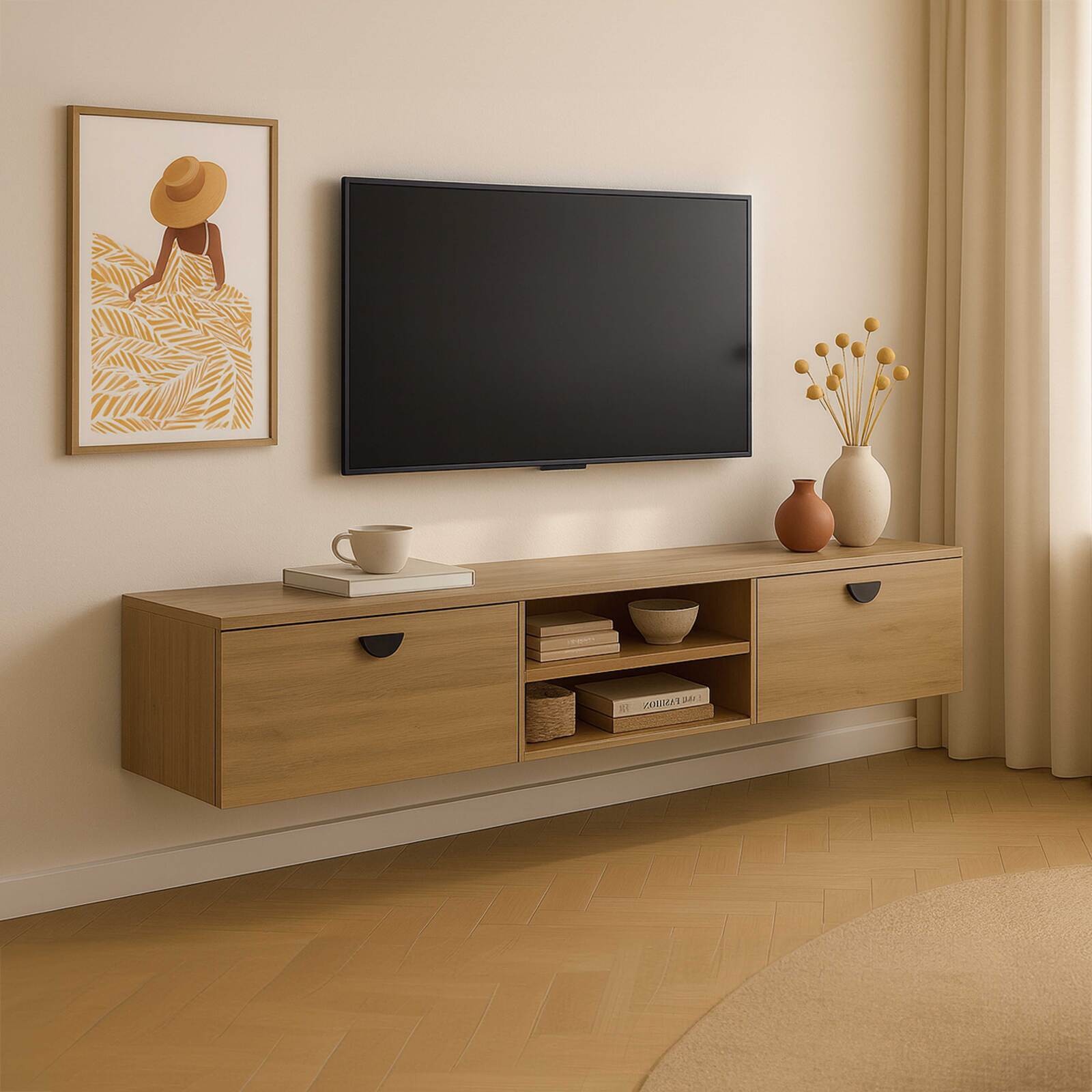 Mobile TV sospeso effetto legno 160 cm stile industriale 