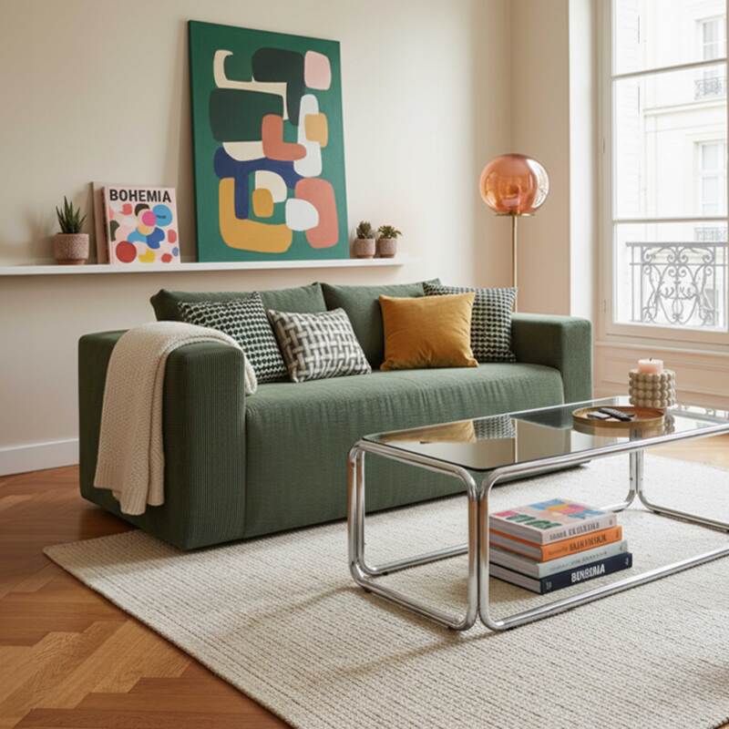 Divano 2 posti in tessuto a coste con cuscini