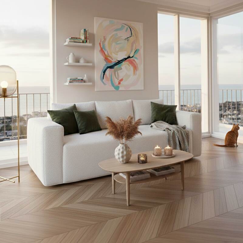 Divano 3 posti in tessuto spugna con cuscini